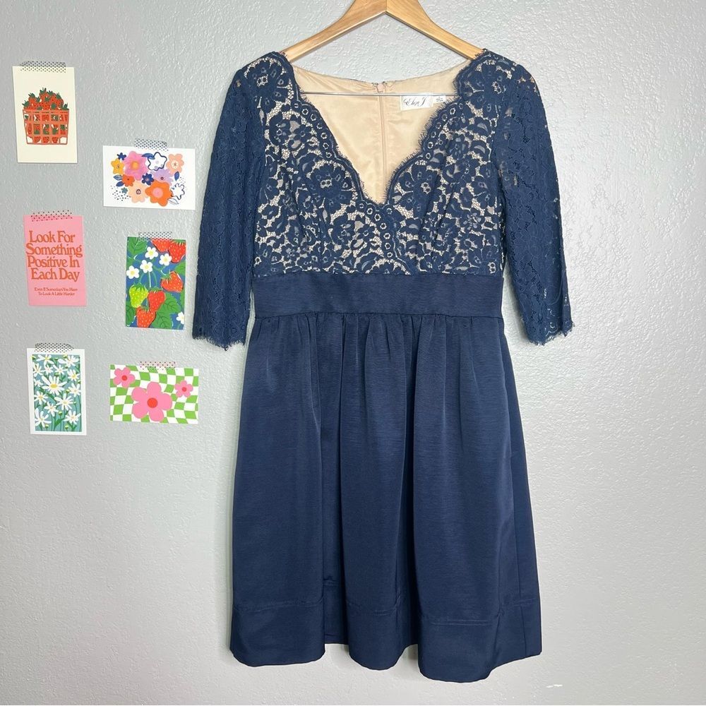 Eliza J Lace & Faille Dress Women's 10 Navy Blue Fit Flare Empire Waist Evening